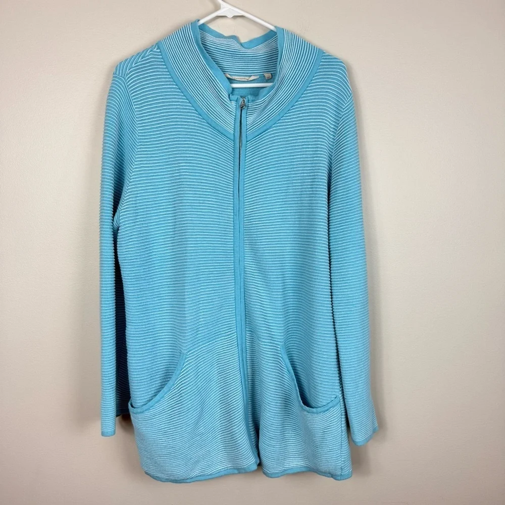 Soft Surroundings Corcovado Cardigan XL Blue Striped Zip-Up Mock Neck Pockets